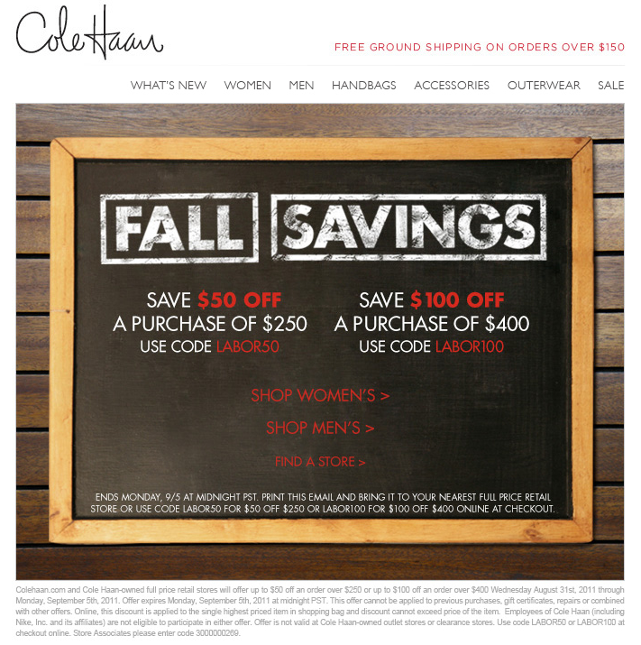 Cole Haan: $50-$100 off Printable Coupon