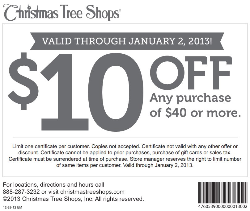 Christmas Tree Shops: $10 off $40 Printable Coupon