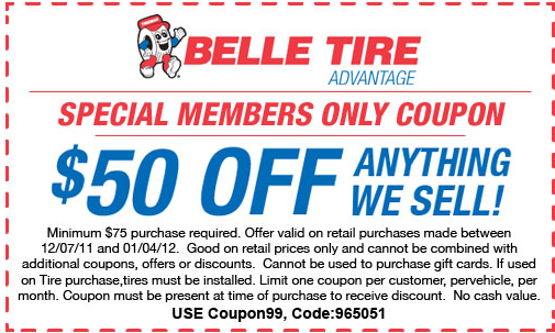 Belle Tire: $50 off Printable Coupon