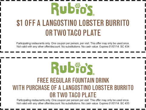 Rubio's Fresh Mexican Grill: 2 Printable Coupons