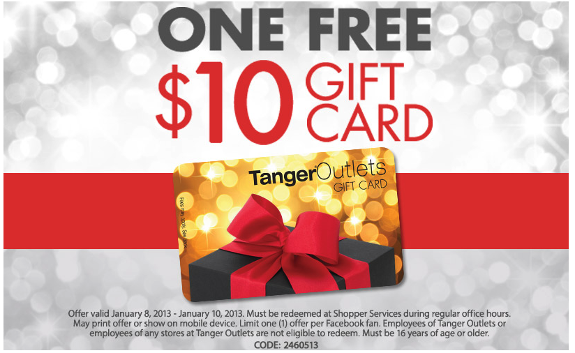 Tanger Outlets: Free $10 Gift Card Printable Coupon