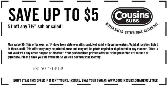 Cousins Subs: $1 off Sub Printable Coupon