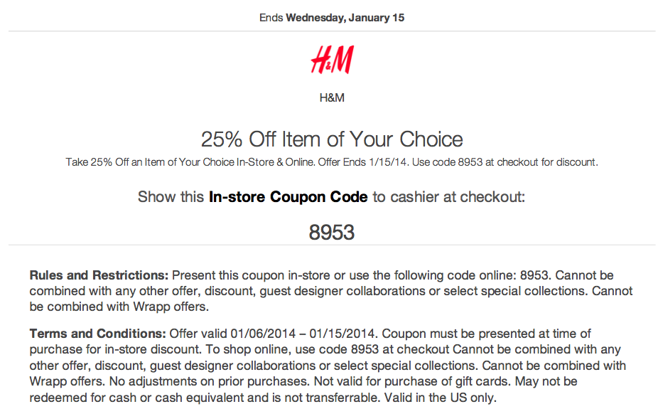 H&M: 25% off Item Printable Coupon