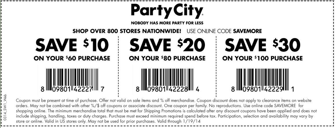 Party City: $10-$30 off Printable Coupon