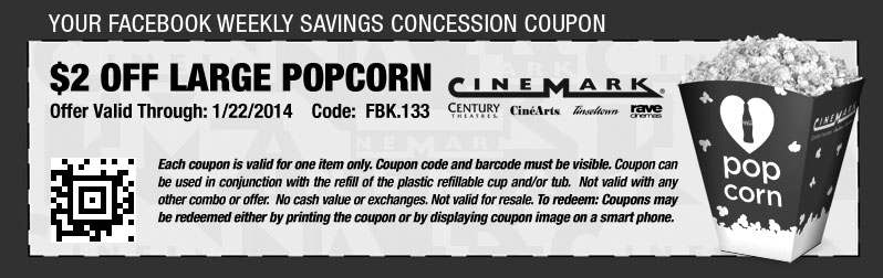 Cinemark: $2 off Popcorn Printable Coupon