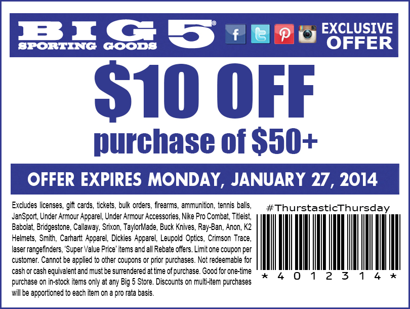 Big 5 Sporting Goods: $10 off $50 Printable Coupon