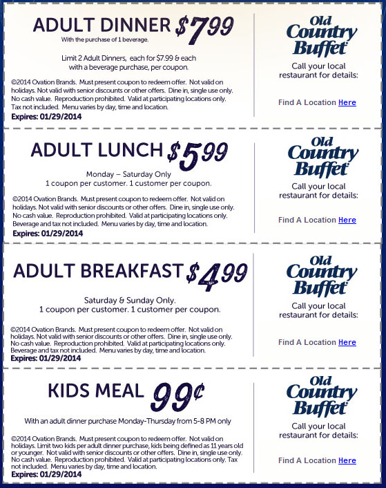 Old Country Buffet: Various Printable Coupons