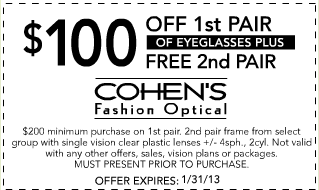 Cohens Fashion Optical: $100 off Printable Coupon