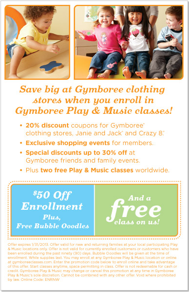 Gymboree: $50 off Enrollment Printable Coupon