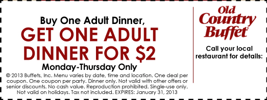 Old Country Buffet: BOGO $2 Dinner Printable Coupon