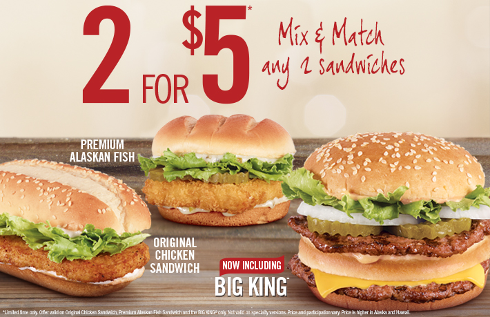 Burger King: $5 for 2 Sandwiches Printable Coupon