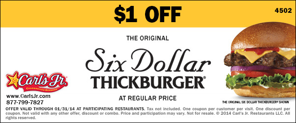Carls Jr: $1 off Six Dollar Thickburger Printable Coupon