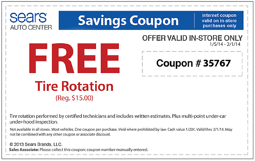 Sears Auto Center: Free Tire Rotation Printable Coupon
