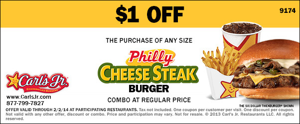 Carls Jr: $1 off Philly Cheesesteak Burger Printable Coupon