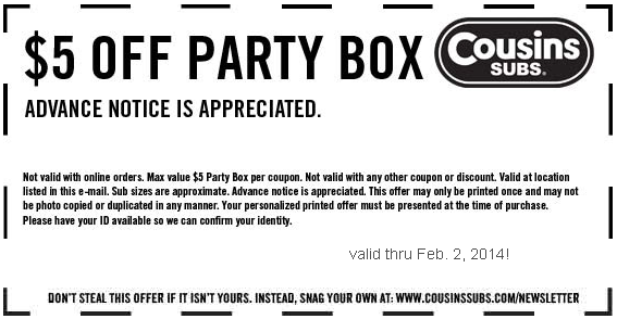 Cousins Subs: $5 off Party Box Printable Coupon