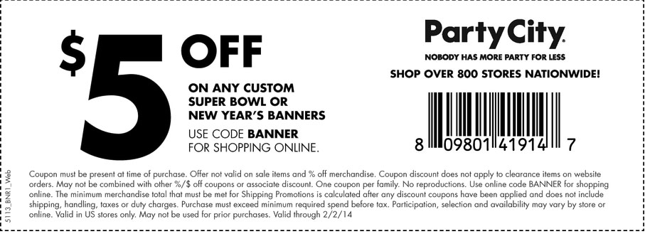 Party City: $5 off Custom Banner Printable Coupon