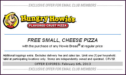 Hungry Howie's Pizza: Free Small Pizza Printable Coupon