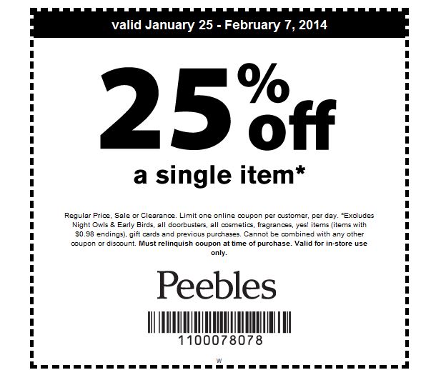 Peebles: 25% off Item Printable Coupon