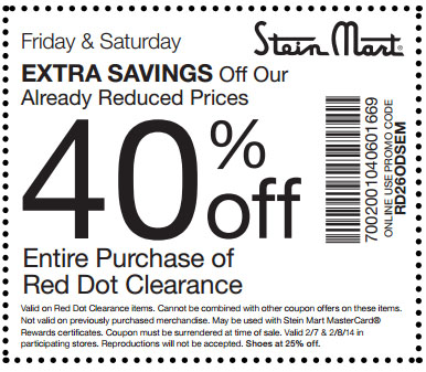 Stein Mart: 40% off Red Dot Printable Coupon