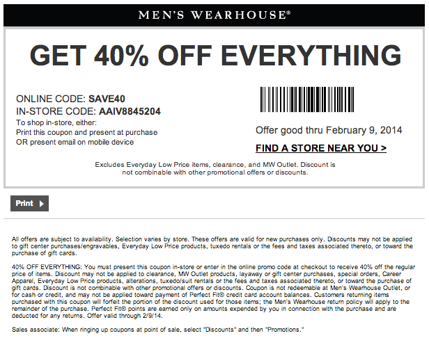 Mens Wearhouse: 40% off Printable Coupon