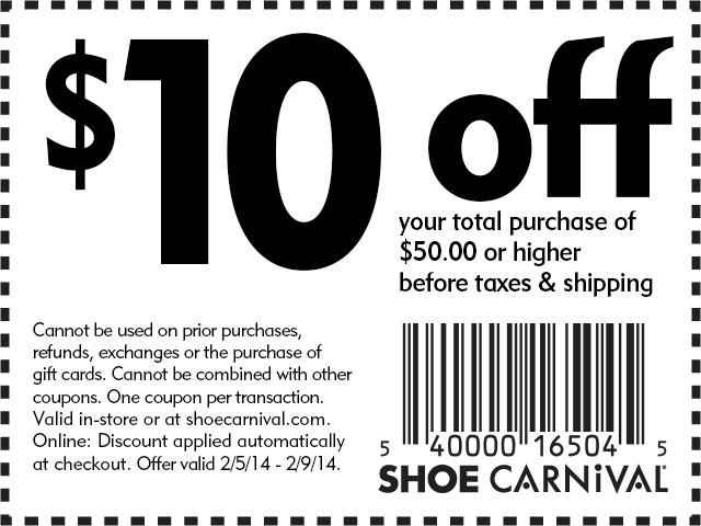 Shoe Carnival: $10 off $50 Printable Coupon