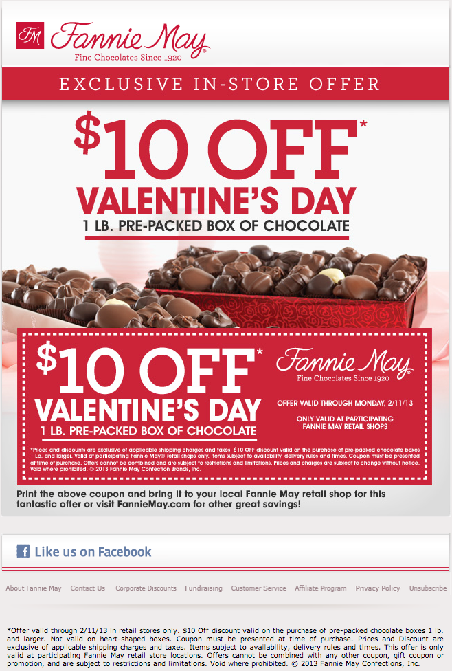 Fannie May: $10 off Printable Coupon