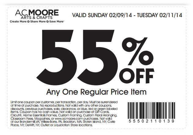 AC Moore: 55% off Item Printable Coupon