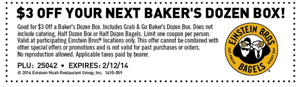 Einstein Bros Bagels: $3 off Bakers Dozen Printable Coupon