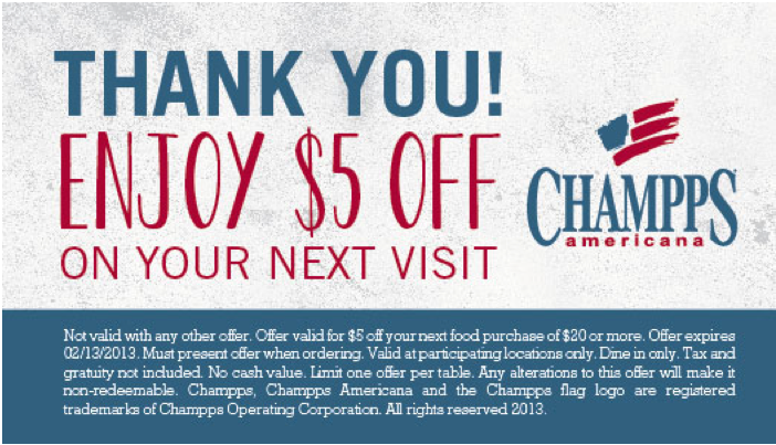 Champps Americana Restaurant Promo Coupon Codes and Printable Coupons