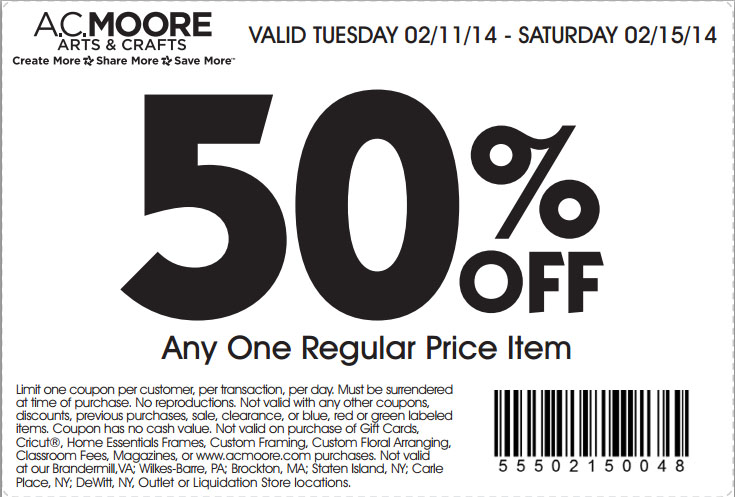 AC Moore: 50% off Item Printable Coupon