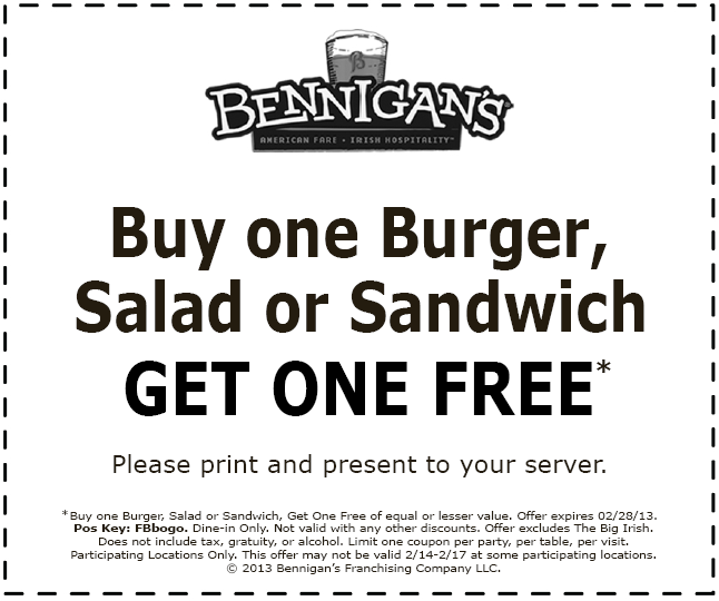 Bennigan's: BOGO Free Burger Printable Coupon