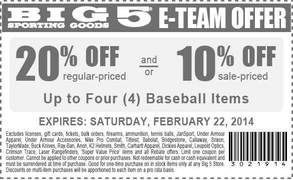 Big 5 Sporting Goods: 10%-20% off Baseball Printable Coupon