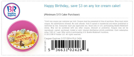 Baskin Robbins: $3 off Cake Printable Coupon
