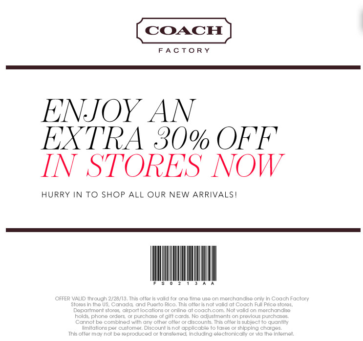 Coach Factory Store: 30% off Printable Coupon