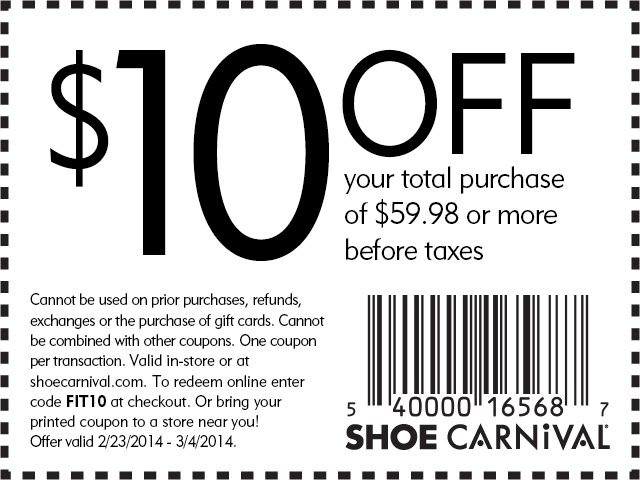 Shoe Carnival: $10 off $59.98 Printable Coupon