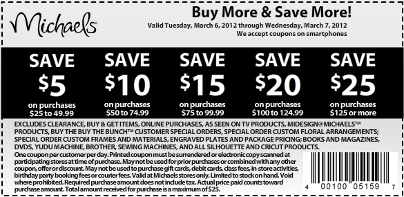 Michaels: $5-$25 off Printable Coupon