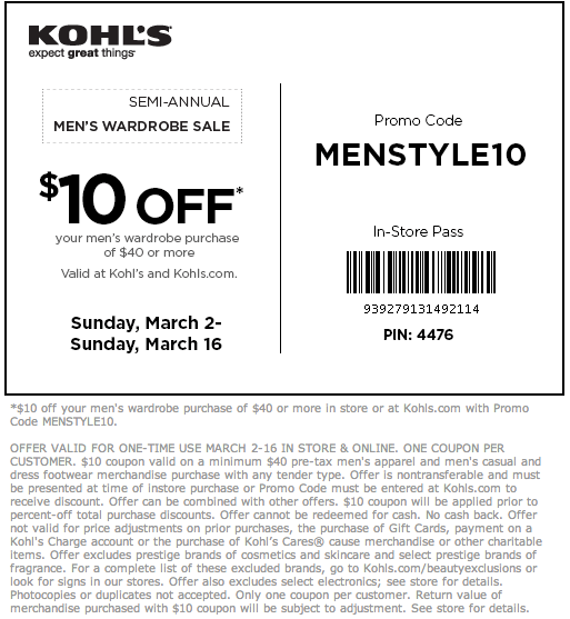 Kohl's: $10 off $40 Men's Printable Coupon