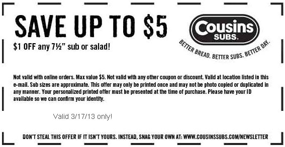 Cousins Subs: $1 off Sub or Salad Printable Coupon