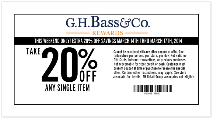 Bass: 20% off Item Printable Coupon