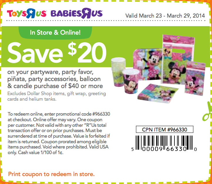 Toys R Us: $20 off $40 Partyware Printable Coupon