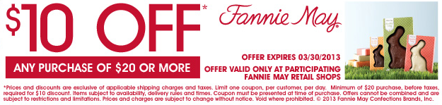 Fannie May: $10 off $20 Printable Coupon