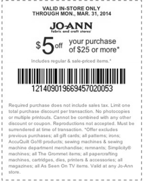 Joann.com: $5 off $25 Printable Coupon