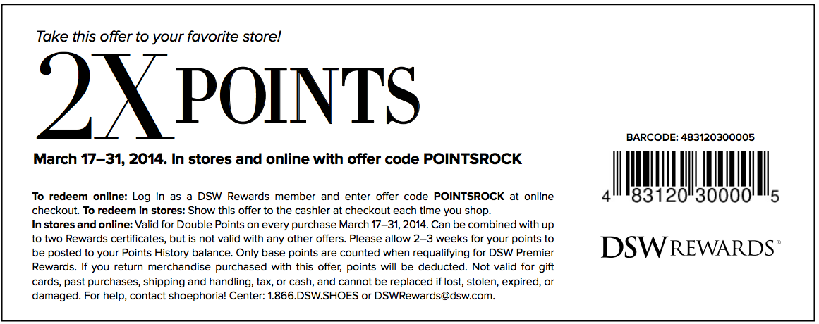 DSW: 2x Points Printable Coupon