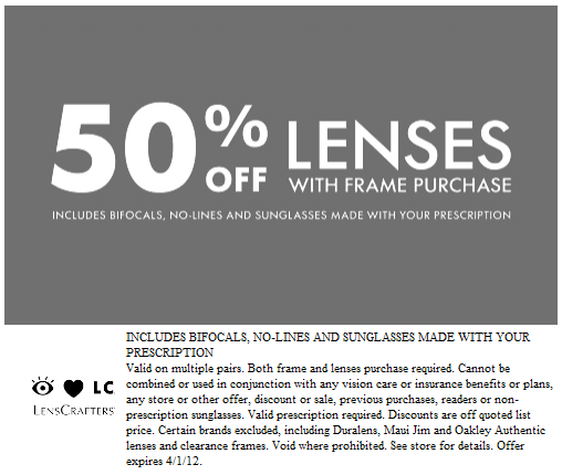 LensCrafter: 50% off Printable Coupon
