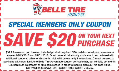 Belle Tire: $20 off Printable Coupon