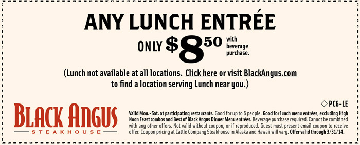 Black Angus: $8.50 Lunch Printable Coupon
