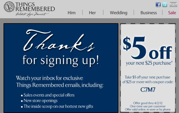 Things Remembered: $5 off $25 Printable Coupon