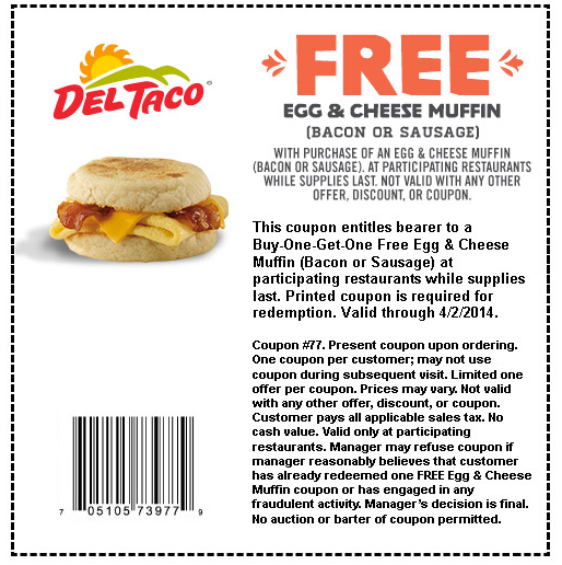 Del Taco: Free Egg & Cheese Muffin Printable Coupon