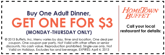 Old Country Buffet: BOGO $3 Printable Coupon
