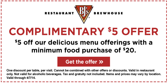 BJ's Restaurants: $5 off Printable Coupon